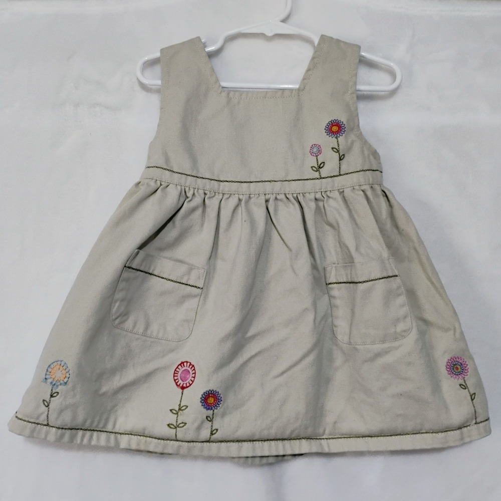 Vtg Gymboree Khaki Cotton Embroidered Flower Jumper Dress 24 Months E